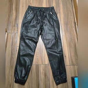 Bar III‎ Womens Black Faux Leather Jogger Pants Elastic Waist Zip Pocket Size M